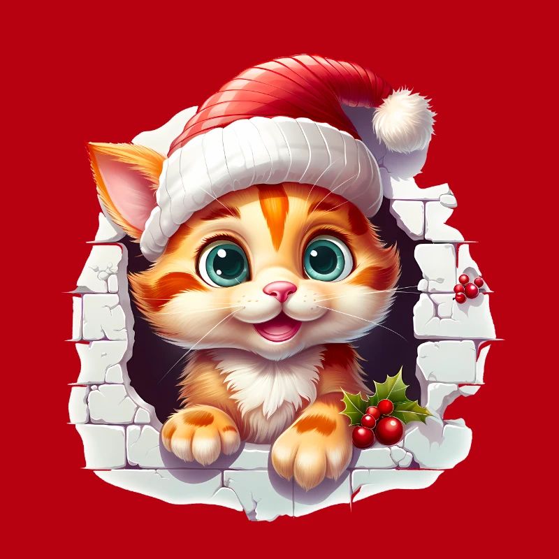 Chat avec chapeau de père Noël dans le trou dans le mur
