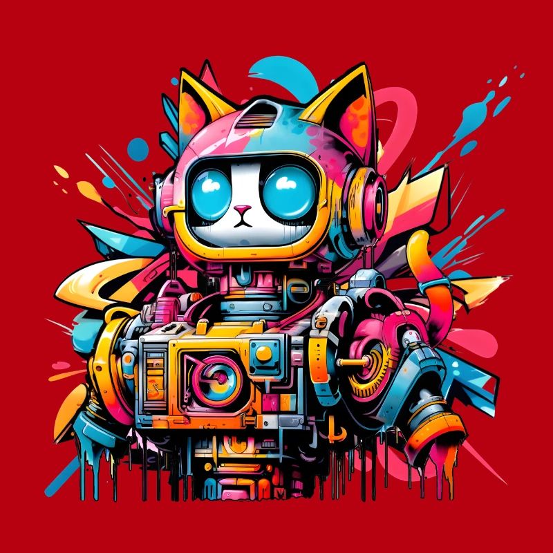 Chat conçu comme un robot dans le style graffiti de la bande dessinée