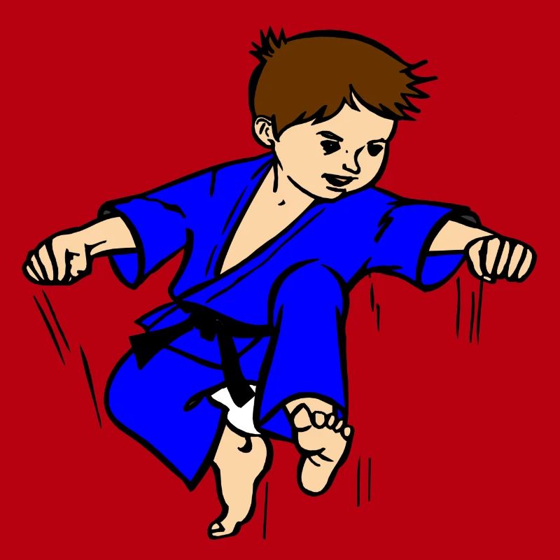 Blauer Anzug Karatekind oder Judokind mit schwarzem Gürtel