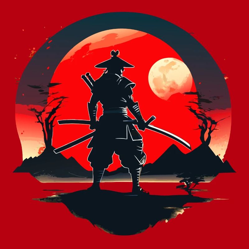 Samurai Silhouette with Red Moon Background