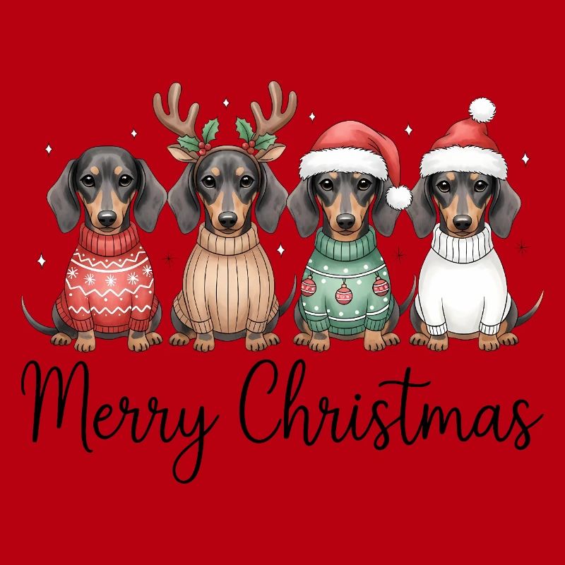 Vier Dackel, Dachshunde in Weihnachtspullover