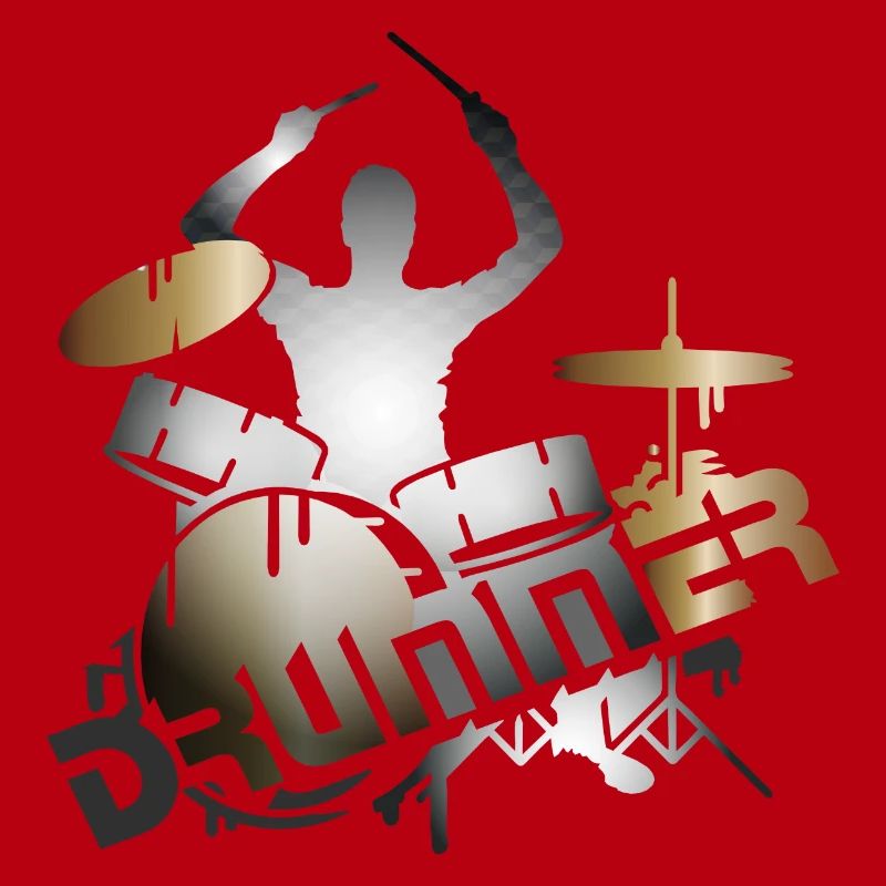 Drummer sits on drums with typography