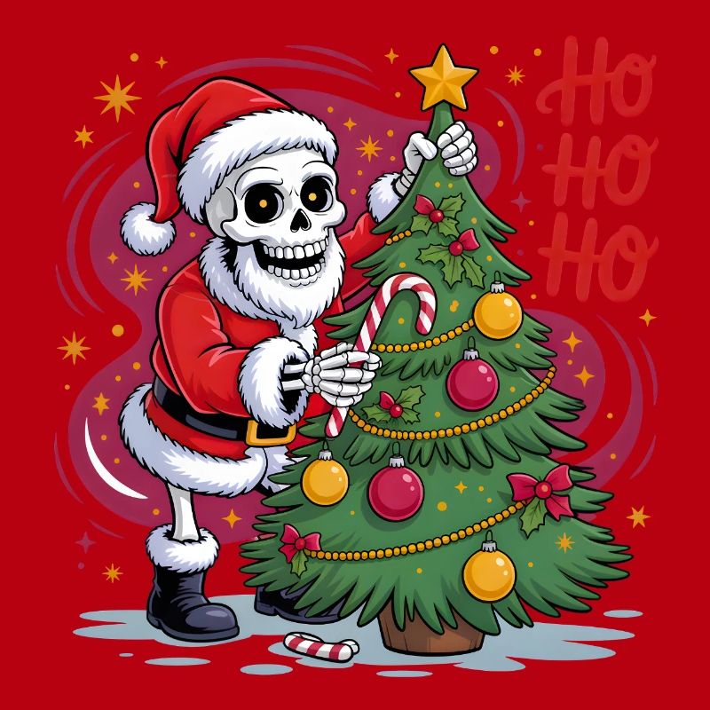 Skeleton Santa decorates tree