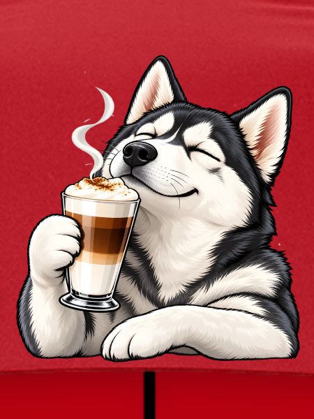 Husky mit Latte Macchiato – Kaffeepause