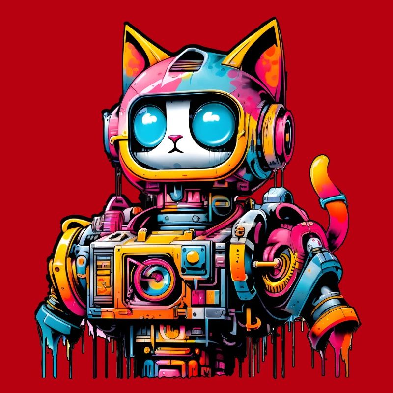 Chat conçu comme un robot dans le style graffiti de la bande dessinée