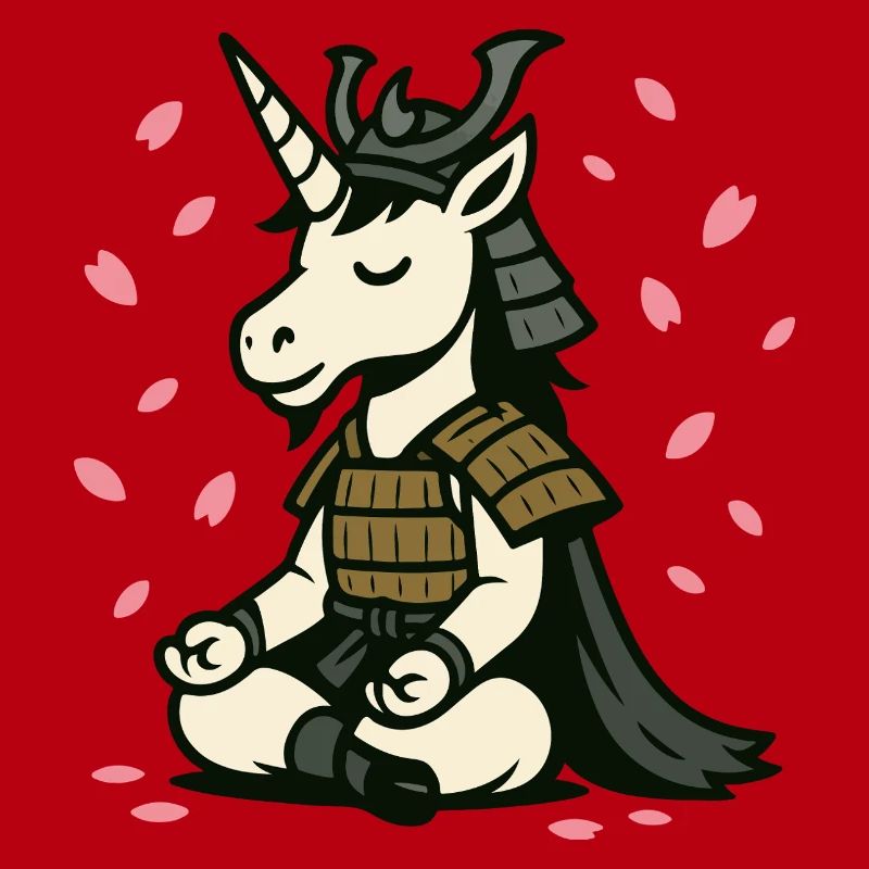 Meditierendes Samurai-Einhorn mit Kirschblüten