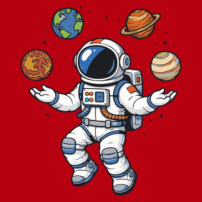 Schwebender Astronaut mit Planeten im Comic Stil