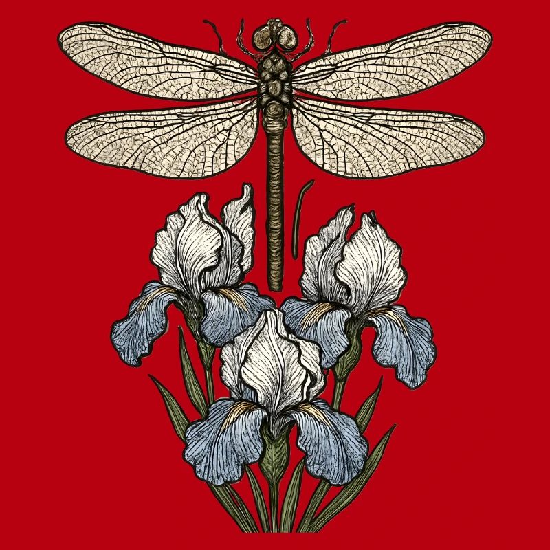Libellule sur fleurs d’iris