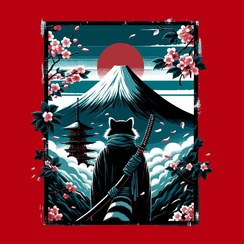 Chat avec une épée de samouraï devant Fuji