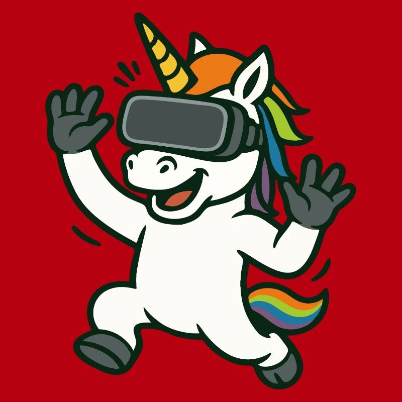 VR-Einhorn-Maskottchen mit Regenbogendetails