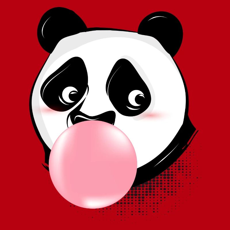 Panda makes bubble gum bubble with pink gum