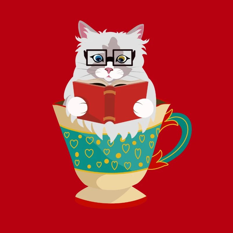 Niedliche Ragdoll-Katze, die ein Buch in einer Kaffeetasse liest