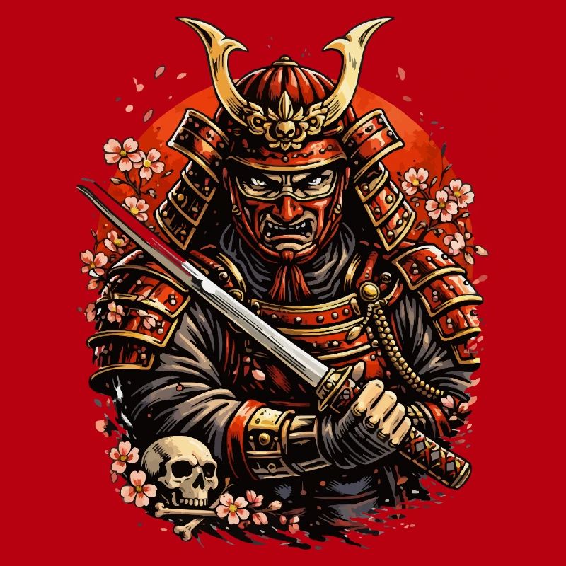 Samurai with cherry blossoms and skull