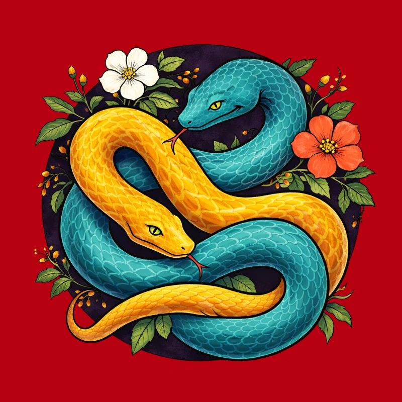 Two Python Snakes in Flower Ring