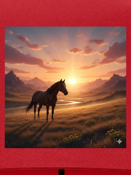 Sonnenuntergangs-Pferd im Bergtal