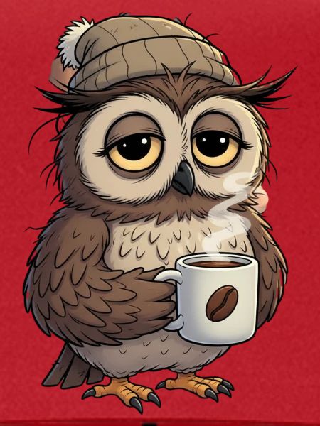 Verschlafene Eule Mit Kaffeetasse Cartoon