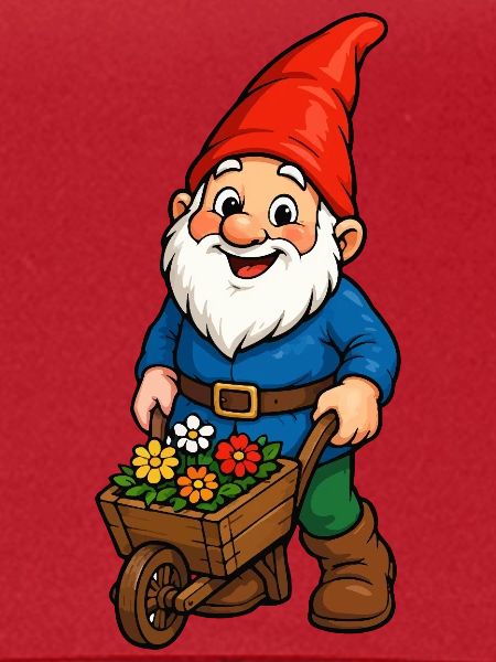 Zwerg mit Blumenwagen