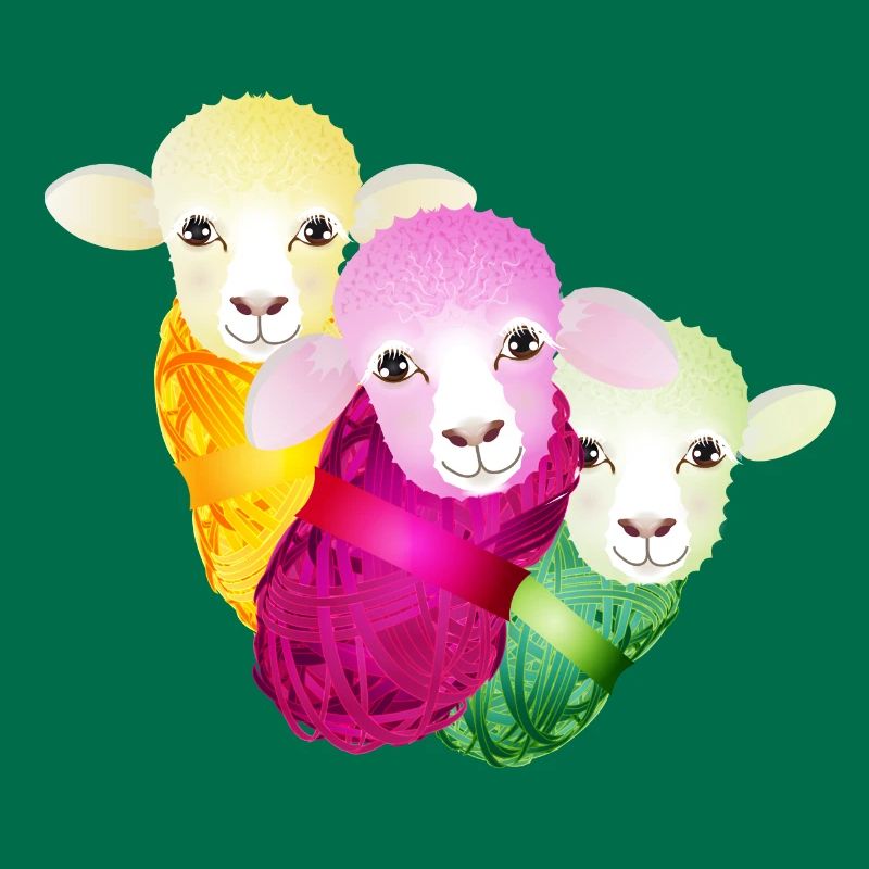 three colourful sheep with colour-coordinated wool