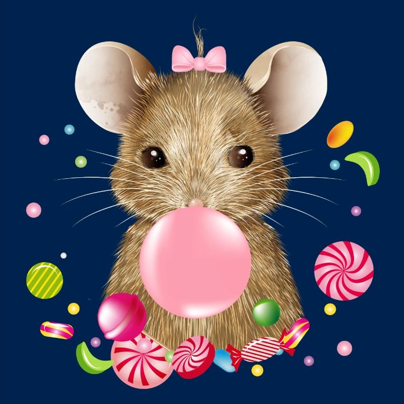 cute mouse with pink chewing gum and candy