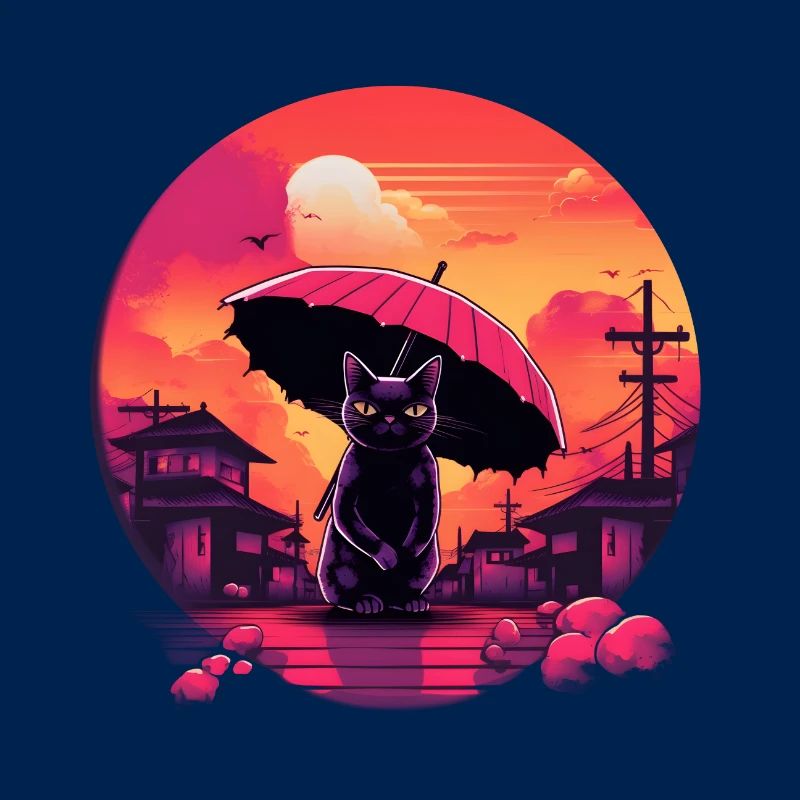 Synthwave japan Cat with umbrella
