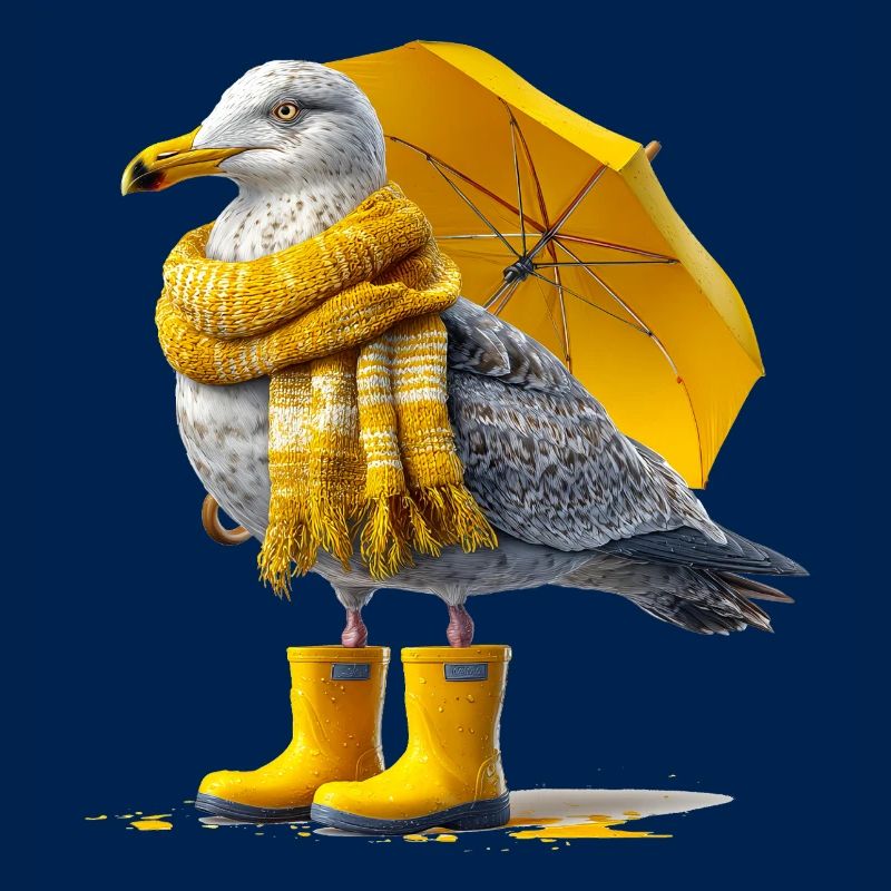 Seemöwe mit Gelbem Regenschirm und Boots