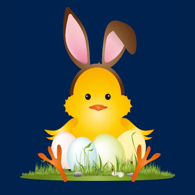 Cute Easter chick with bunny ears & Easter eggs