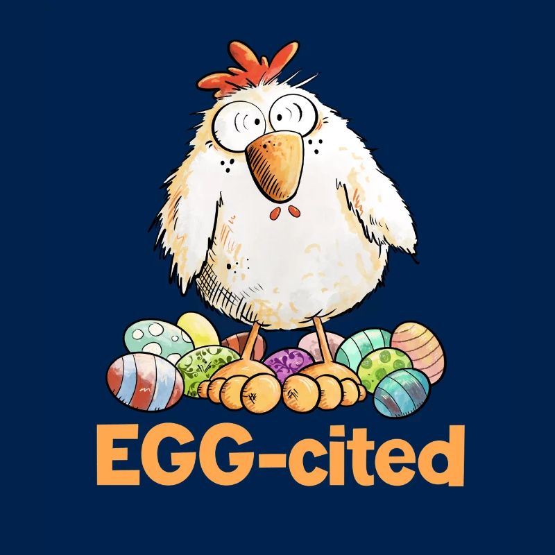 Excited Chicken with Easter Eggs Saying Eggcited