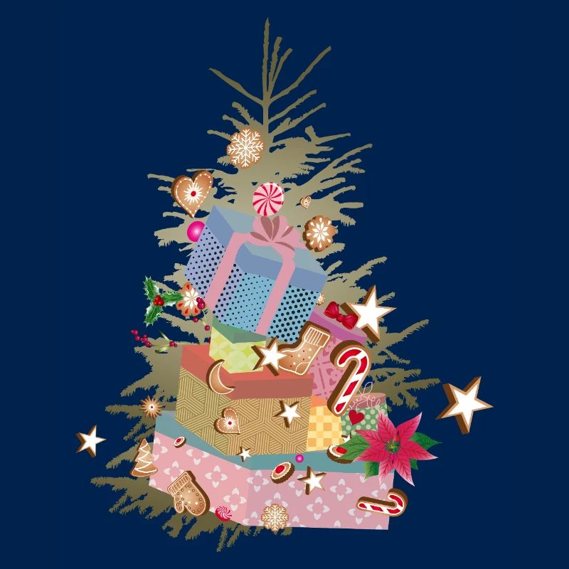 Weihnachtsbaum mit Geschenken und Lebkuchen