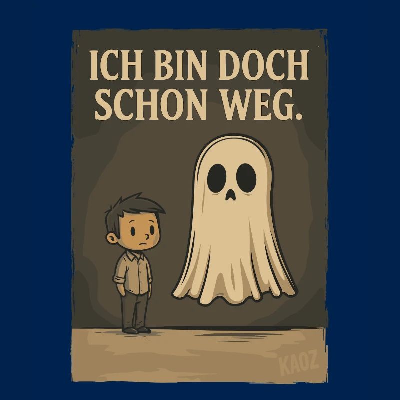 Junge mit Geist und Text „Ich bin doch schon weg“