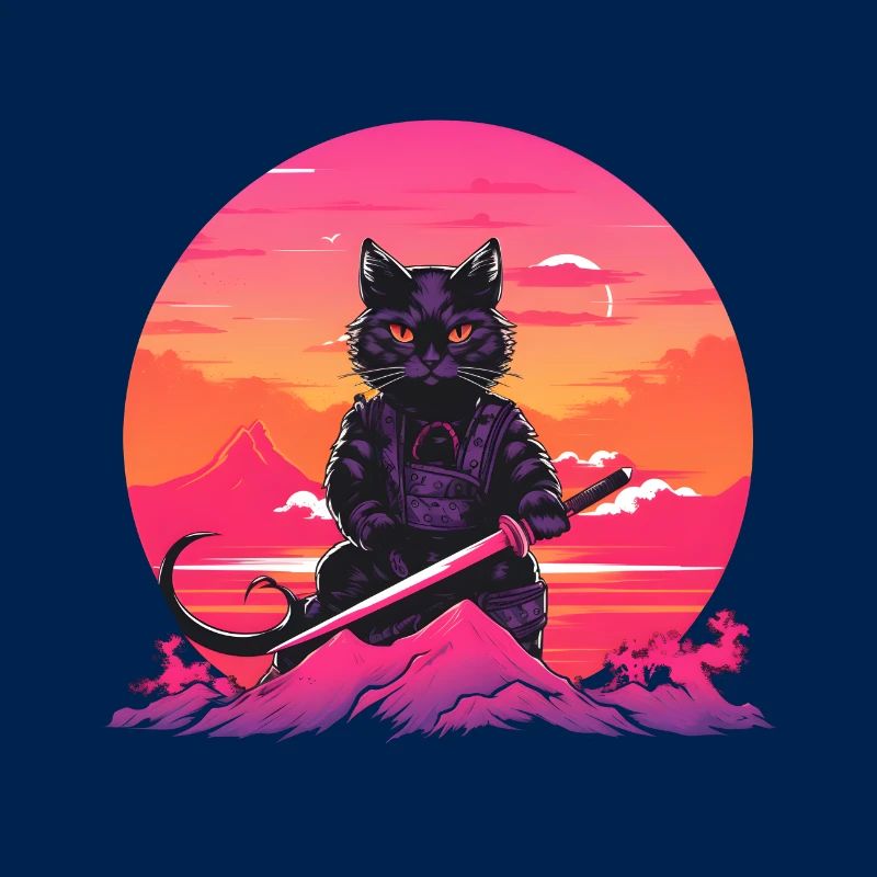Synthwave samurai Cat with katana