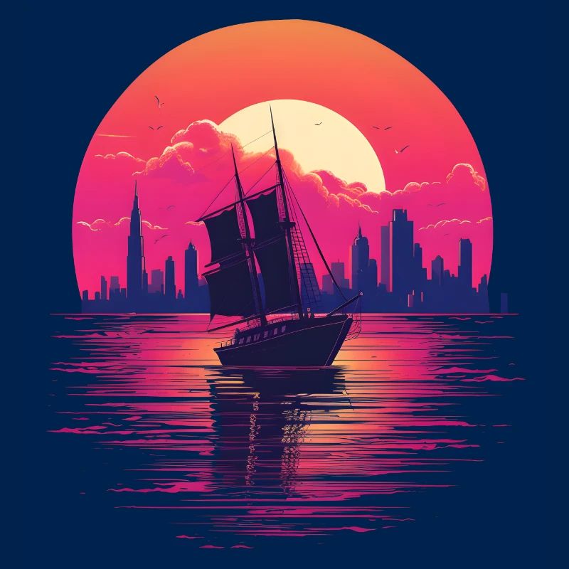 Synthwave sailing ship