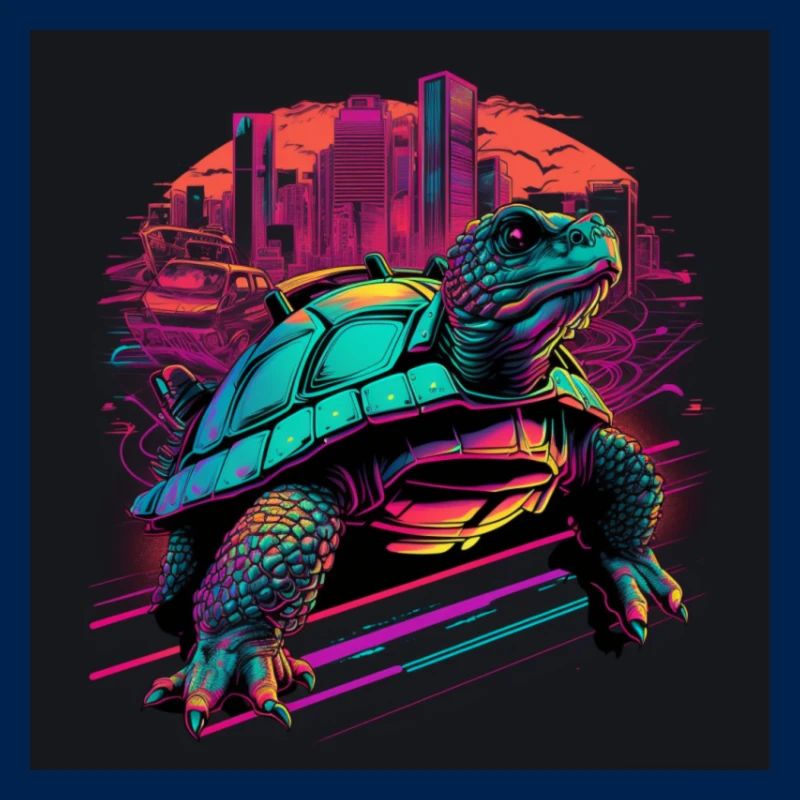 Turtle in neon colors 80s synthwave style