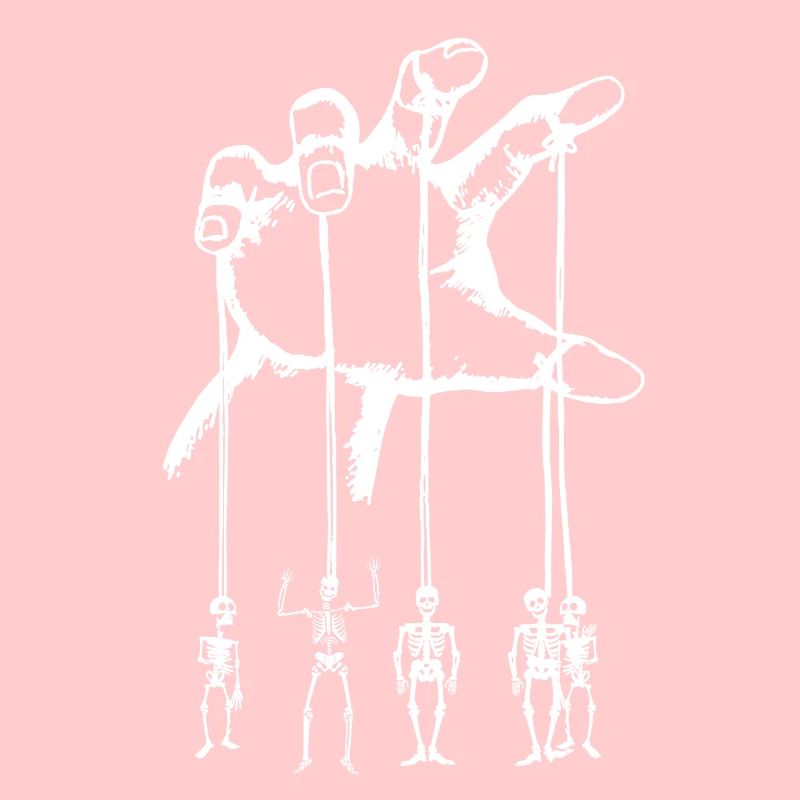 Skeleton marionettes on a hand pulling string over white