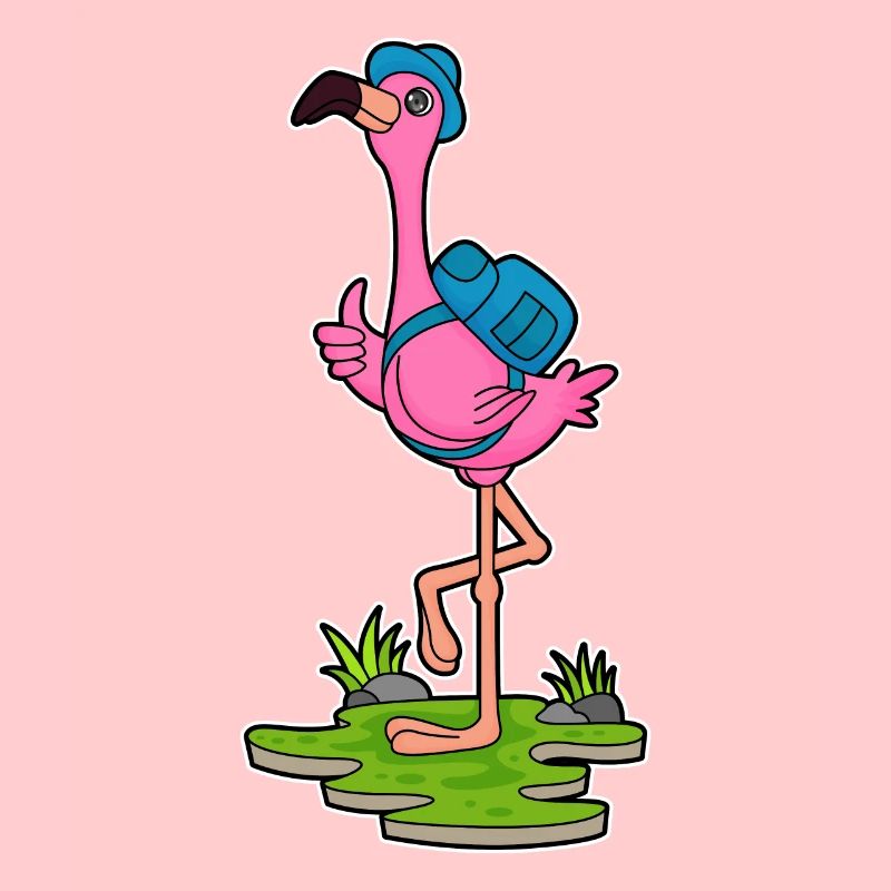 Flamingo as a hiker with backpack