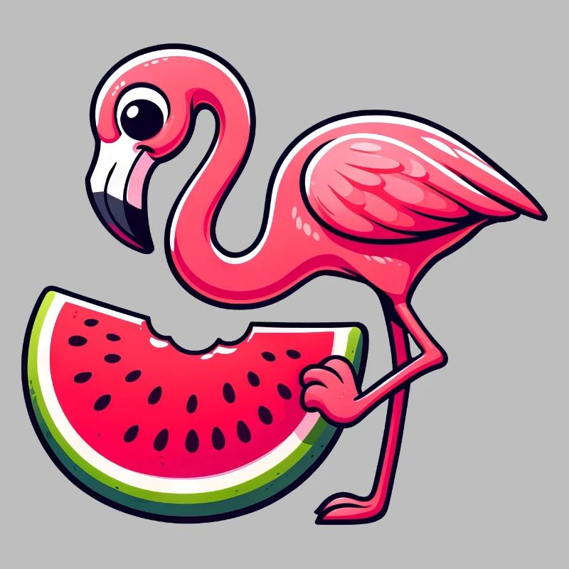 Flamant rose mignon avec un style de dessin animé de pastèque