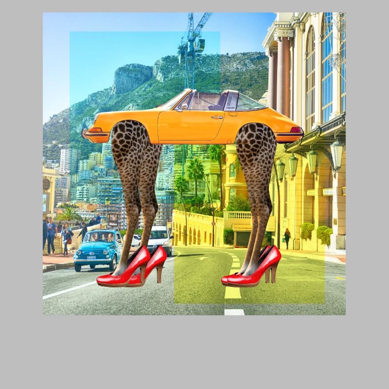 Collage Kunst Surrealismus Leopard Auto Highheels