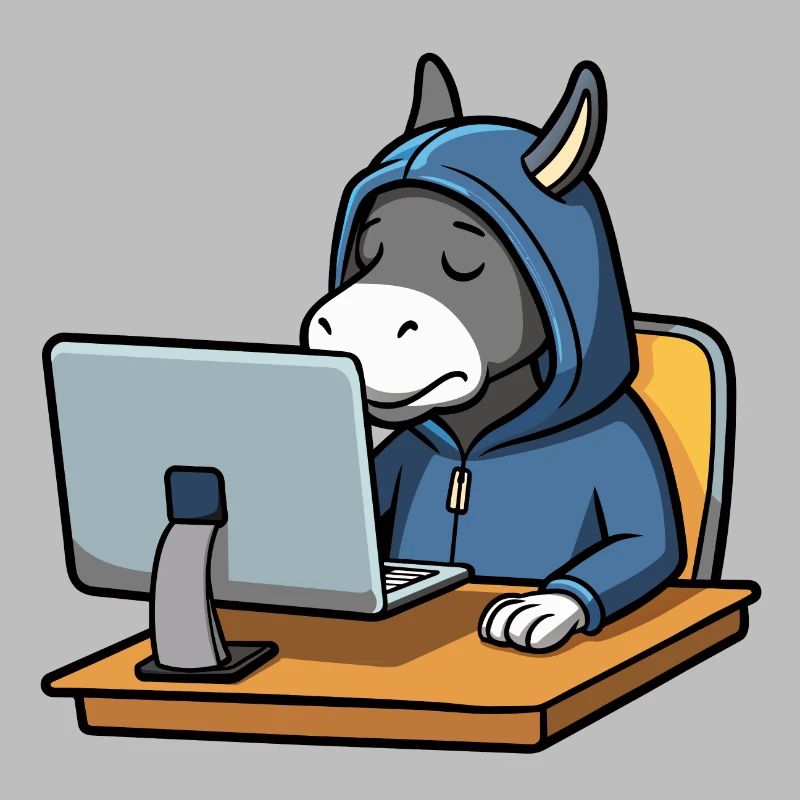 Un mignon âne hacker dort dans un sweat à capuche devant le PC