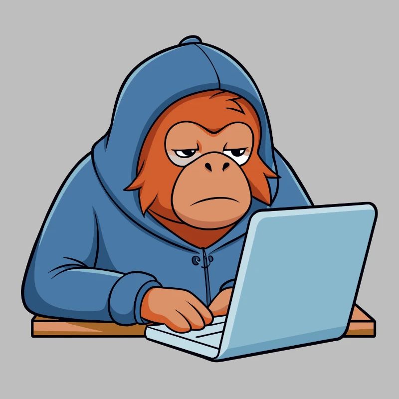 Mignon orang-outan hacker dans un sweat à capuche devant le PC