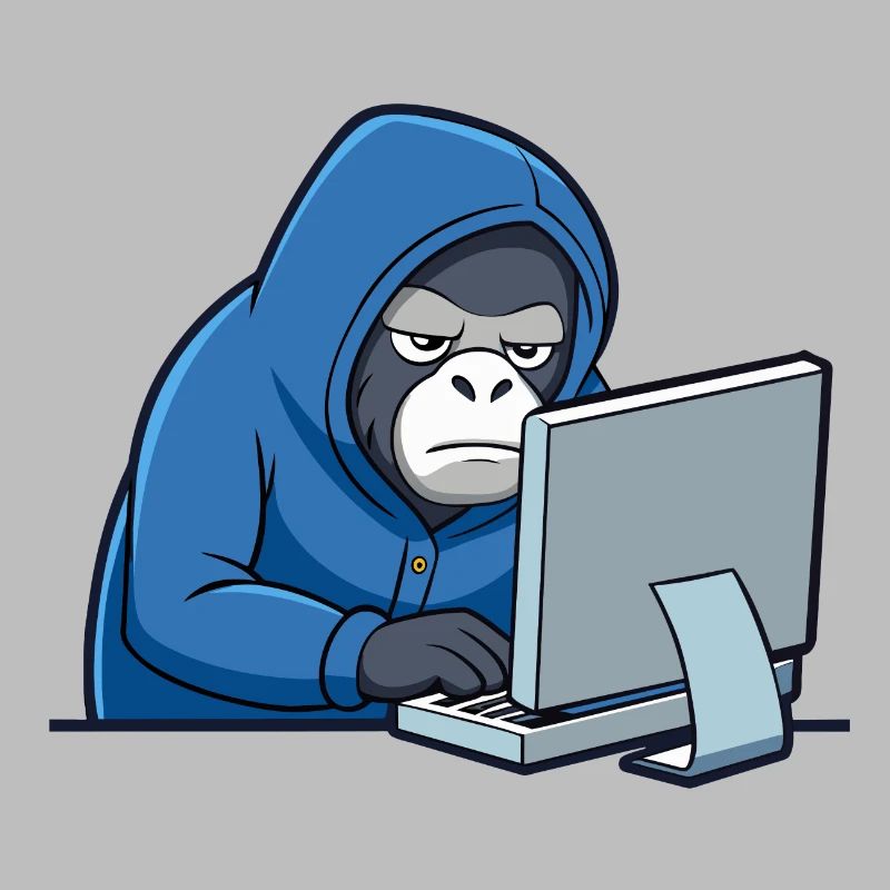 Mignon gorille hacker en sweat à capuche devant le PC