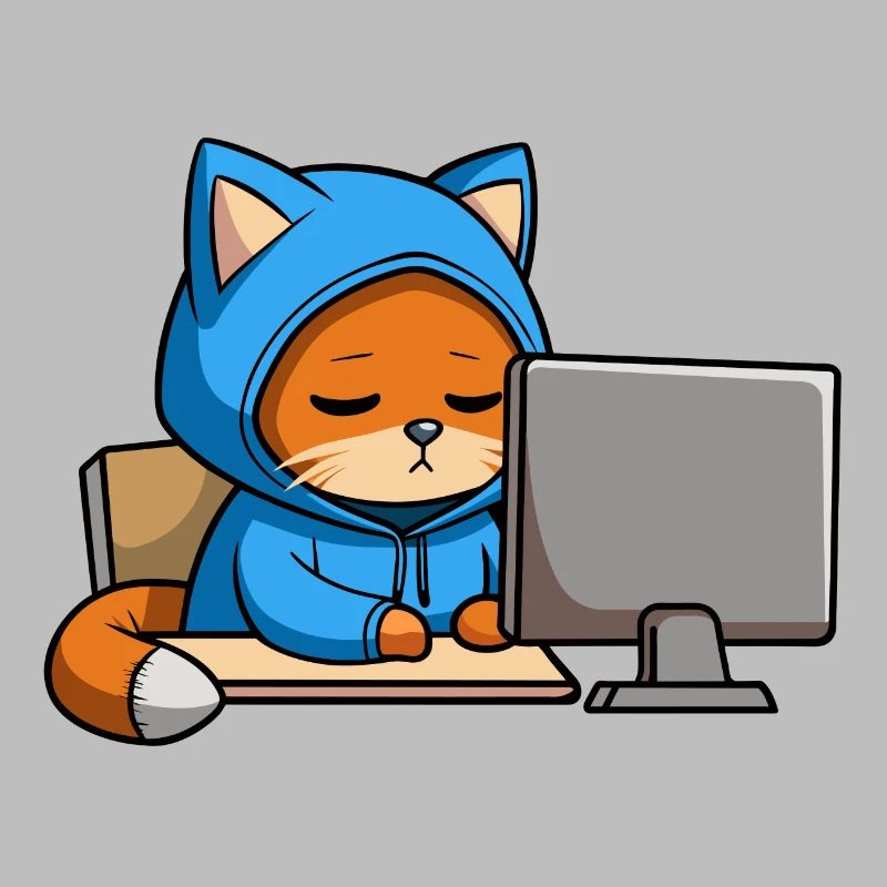 Un chat hacker mignon dort dans un sweat à capuche devant le PC