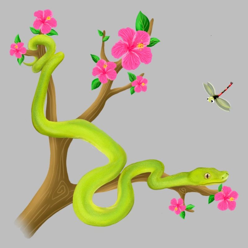 Le serpent Python vert sur l’arbre avec des fleurs