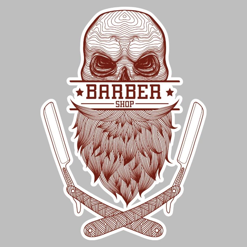 A skull with a beard, framed by razor blades.
