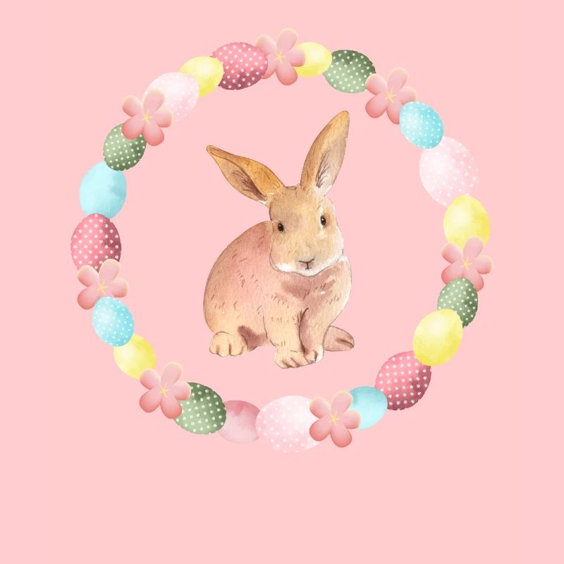 Lapin mignon avec couronne de fleurs + œufs de Pâques