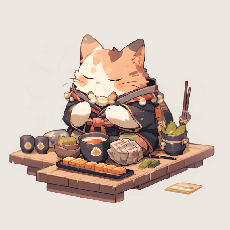 Chat samouraï manger des Ramen