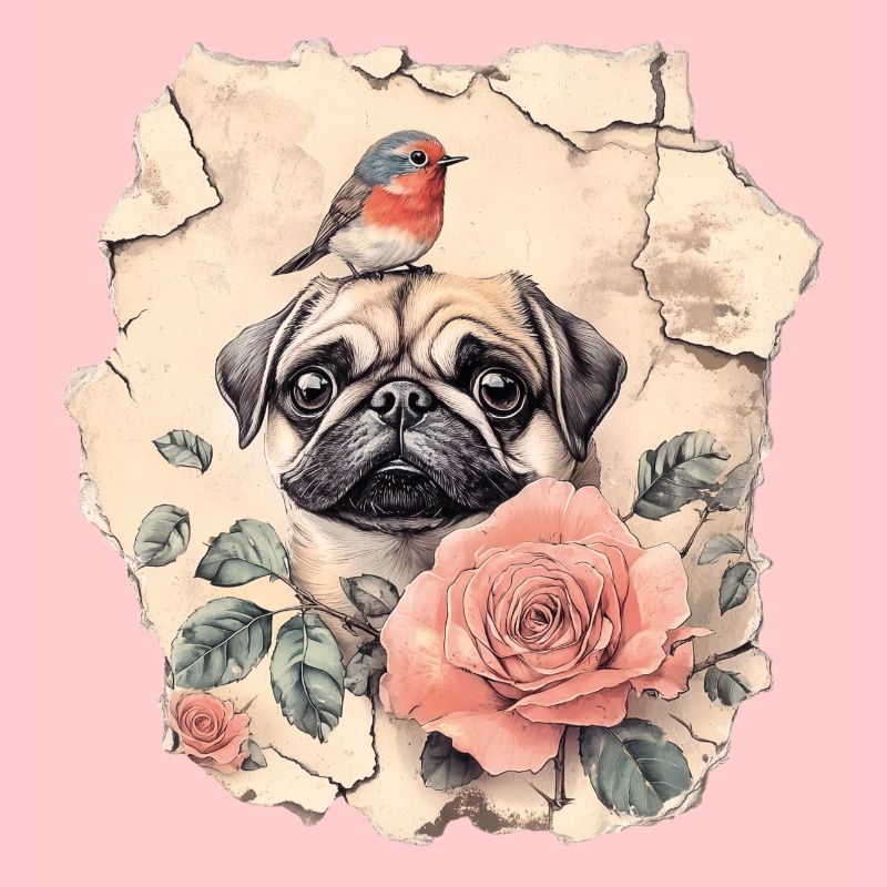 Pug with robins