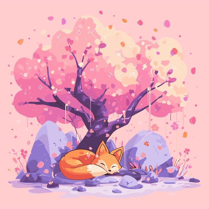 Sleeping fox under cherry tree