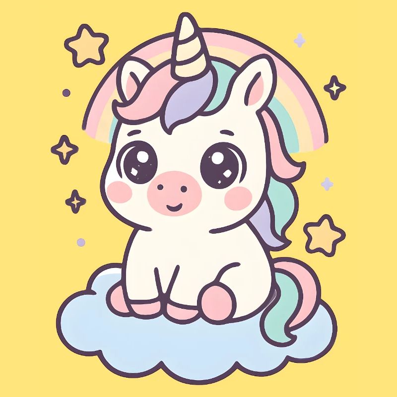 Kawaii Einhorn auf Wolke mit Regenbogen Sterne