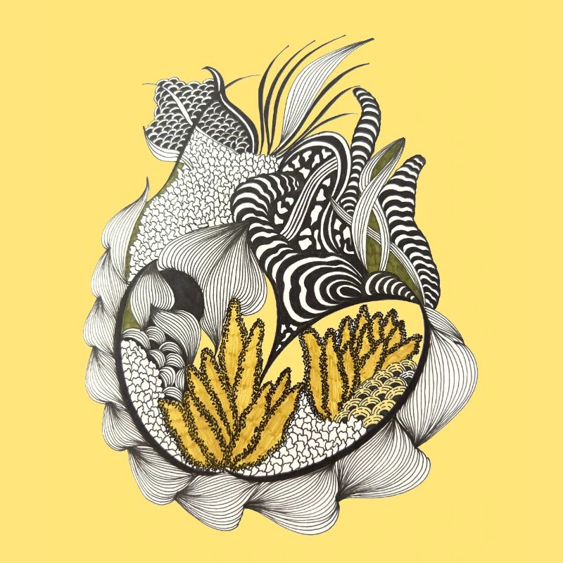 Black and White Leaf Pattern Yellow Accent