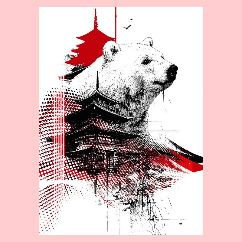 Ours et Pagodes en Gravure Rouge