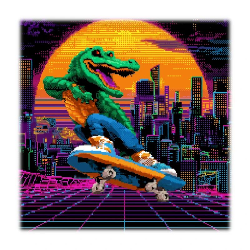 Skating Pixel Crocodile in Retro 80s Synthwave